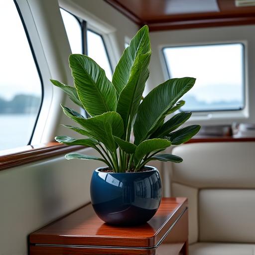 Pianta ornamentale in un vaso di design all'interno di una cabina di uno yacht.