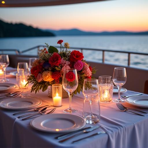 Tavola elegantemente imbandita per un evento su uno yacht con decorazioni floreali.